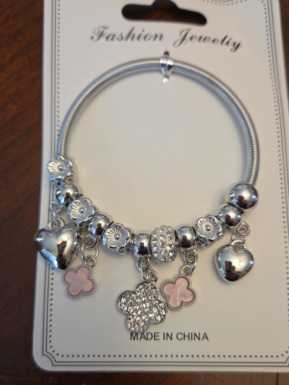 Fashion Jewelry Silver Charm Bracelet with Pink Clover Accents